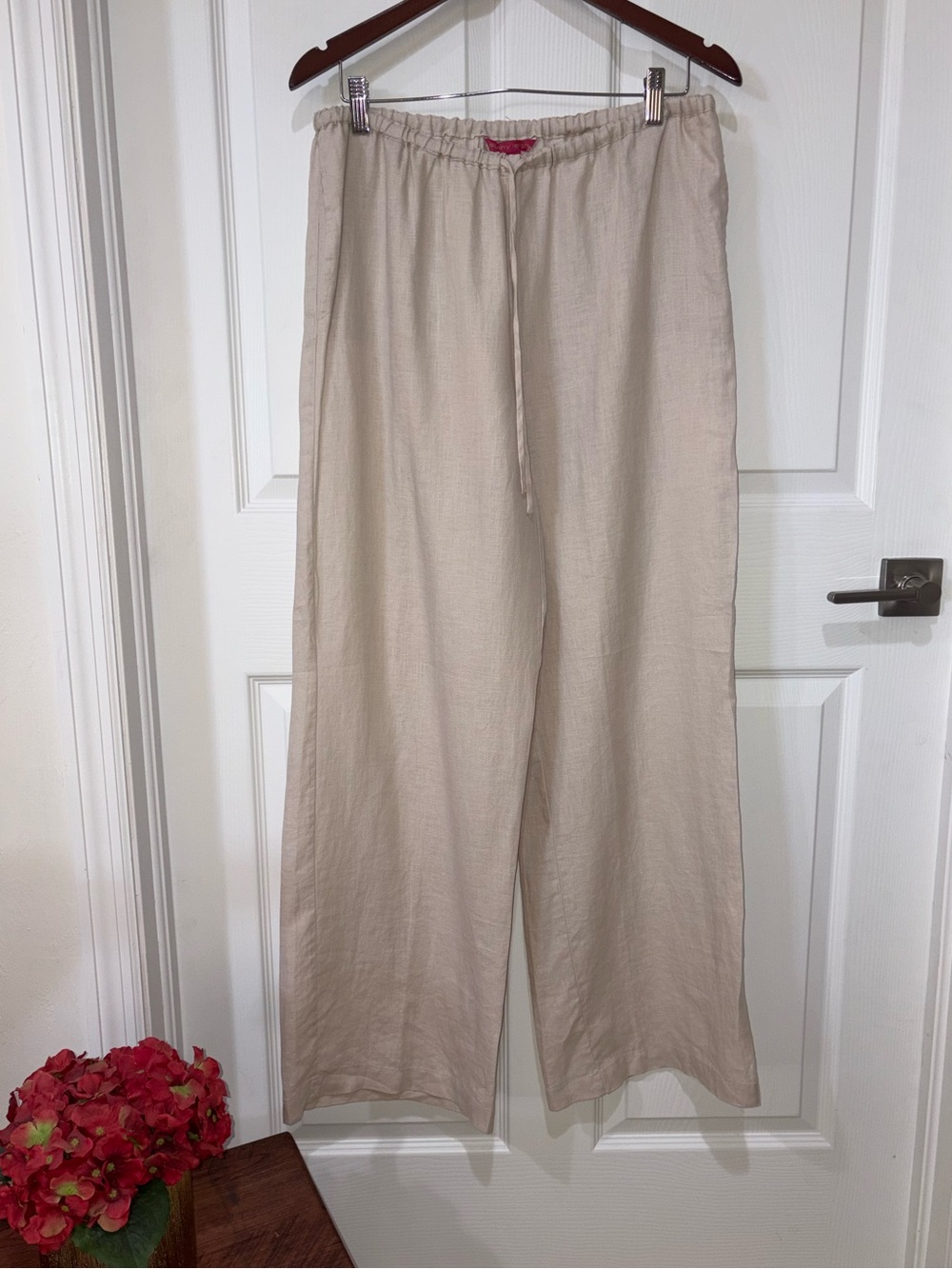 Sunny Leigh 100% Linen Wide Leg Pants Beige Drawstring Pockets size L